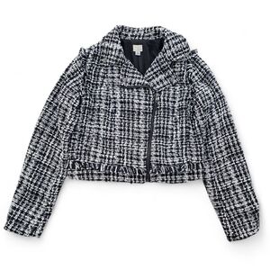 A New Day XS Black White Tweed Moto Jacket Cropped Fringe Trim